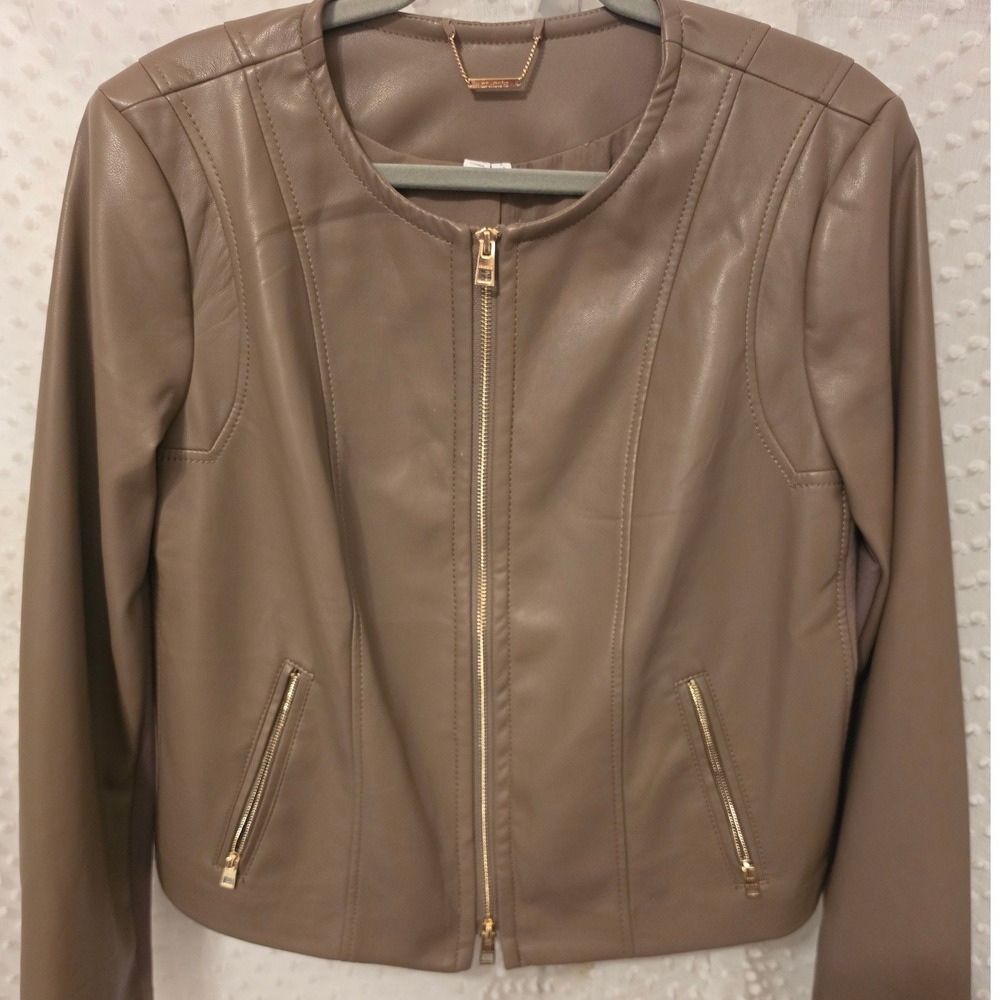 Chicos Faux Leather Jacket Taupe Brown Zip Front Collarless Size 2 US 12